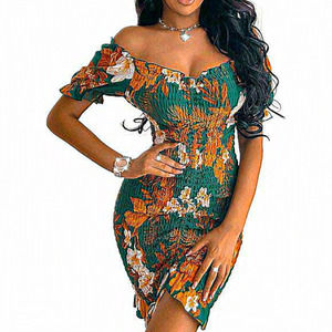 Women Green Summer Off Shoulder Short‎ Sleeve Drawstring Sexy Mini Smocked Dress